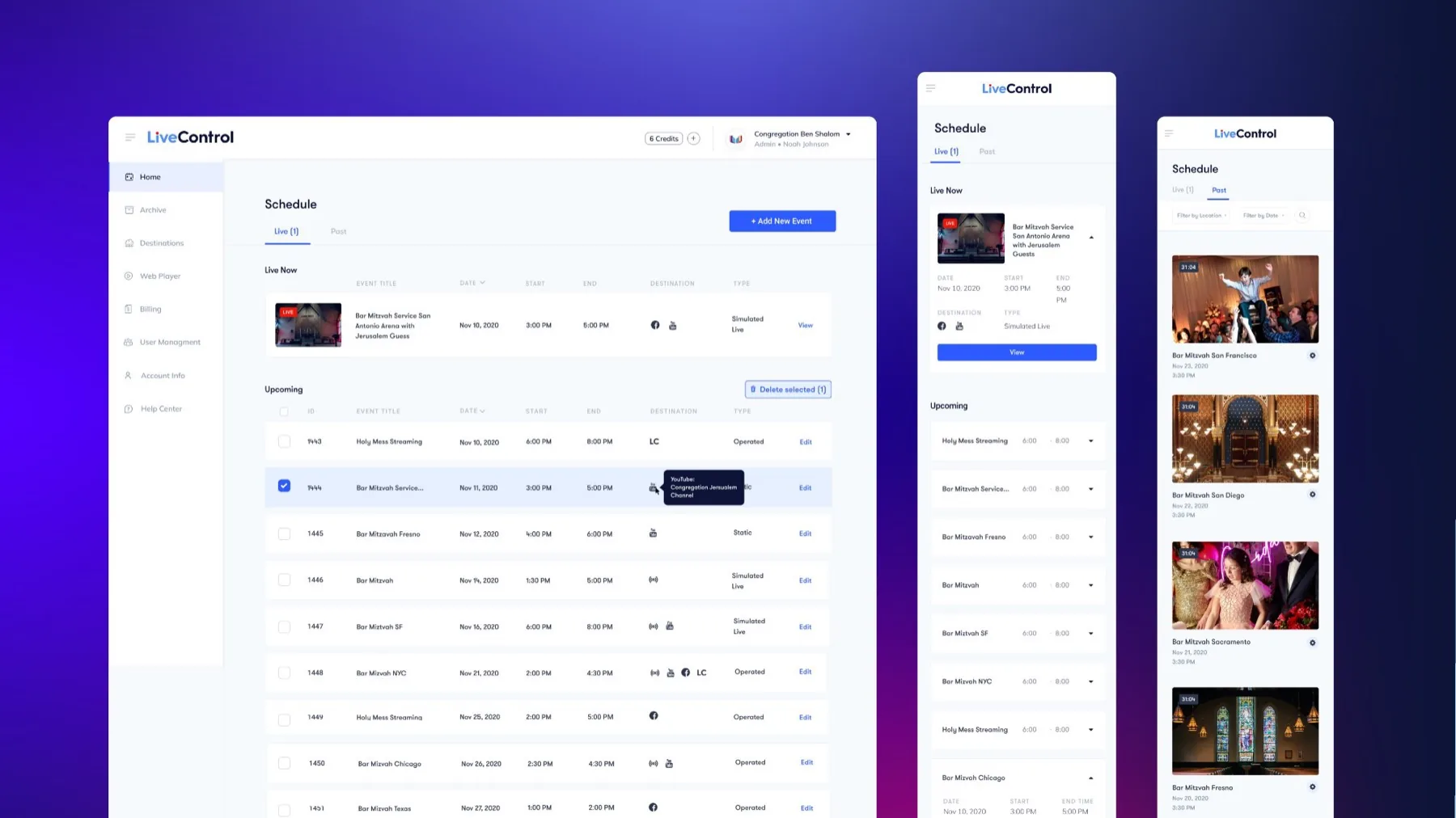 LiveControl customer dashboard, schedule view on desktop and mobile
