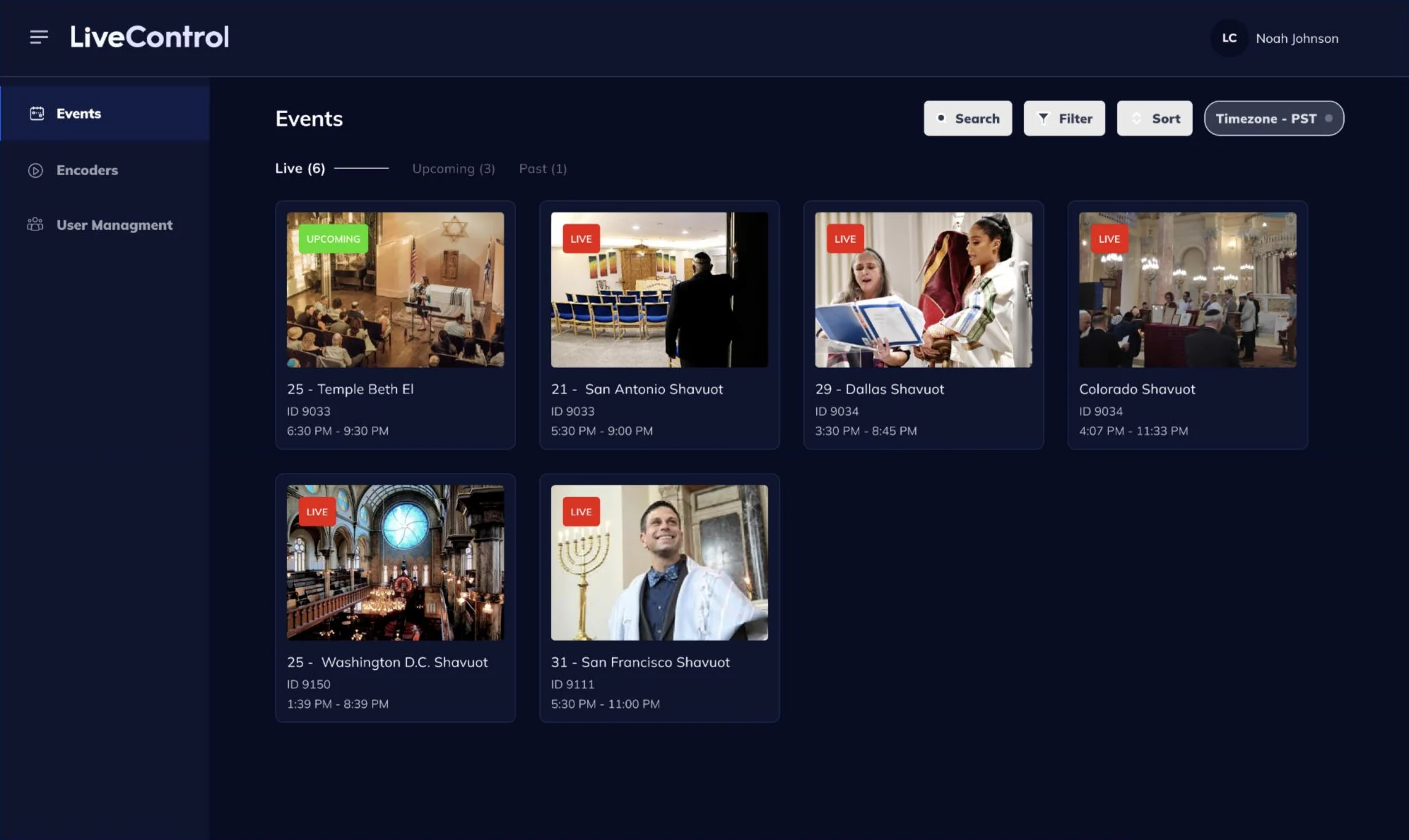 LiveControl ops console: grid of live and upcoming events with search, filter and timezone
